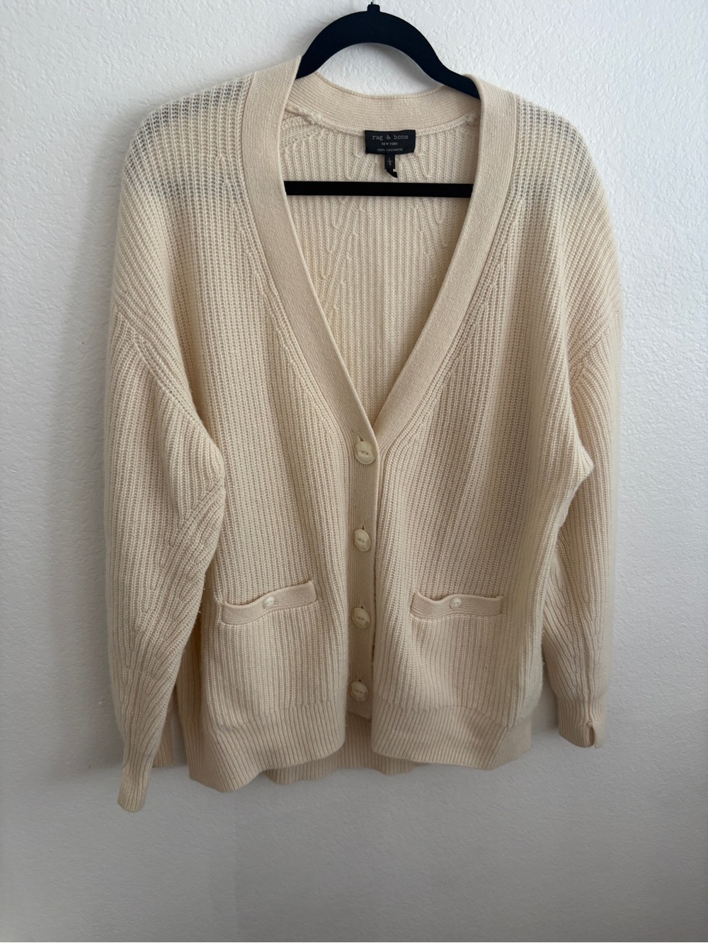 rag & bone Ivory Button-Front Ribbed Pierce Cardigan 100% Cashmere